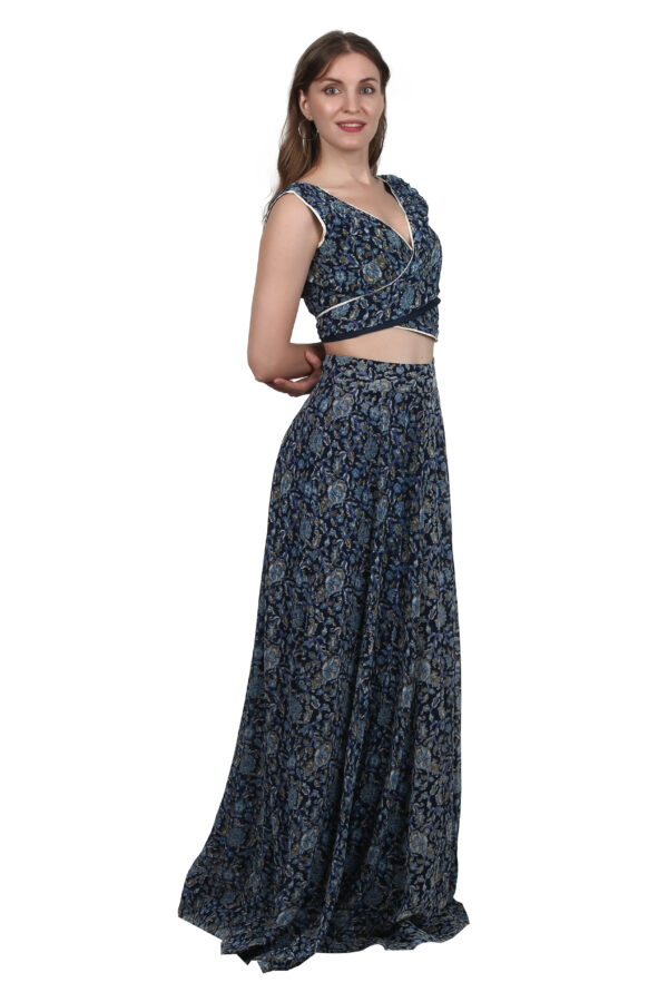 Ruzzell pure chiffon blue printed Crop Top with skirt set
