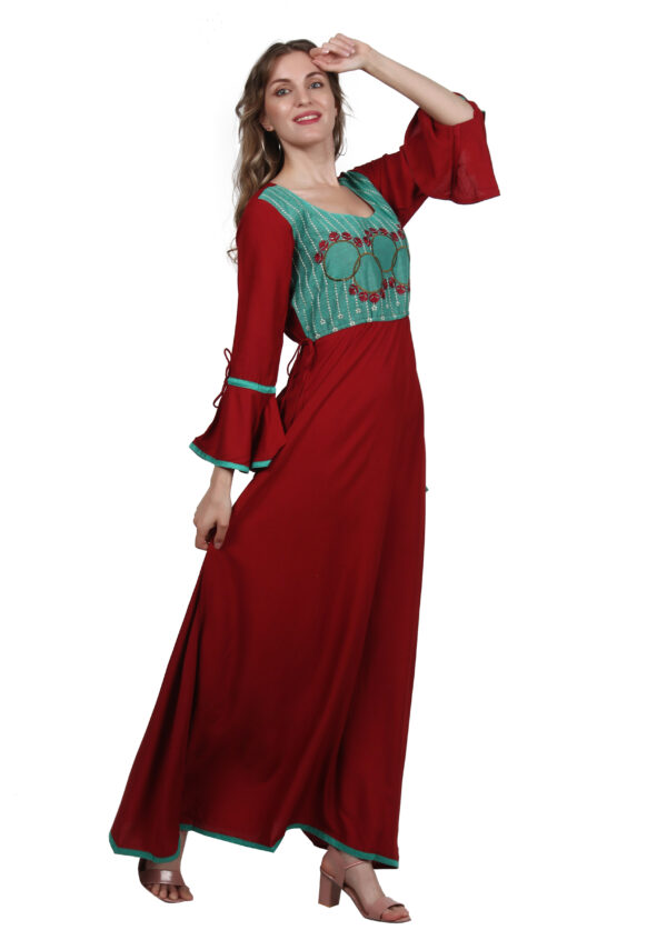 Ruzzell Maroon Rayon cotton Embroidered flaired Kurti - Image 6