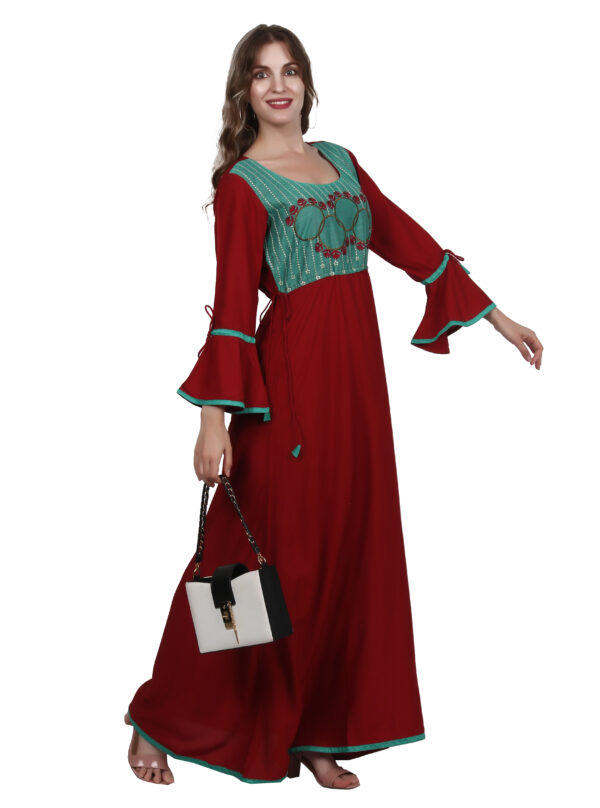 Ruzzell Maroon Rayon cotton Embroidered flaired Kurti