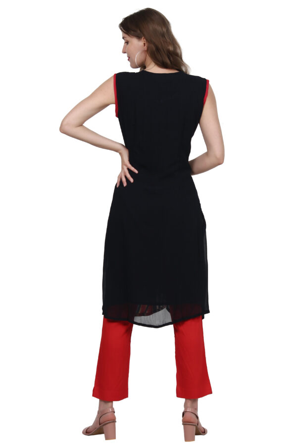 Ruzzell Black Georgette printed Sleeveless Straight Kurti - Image 5