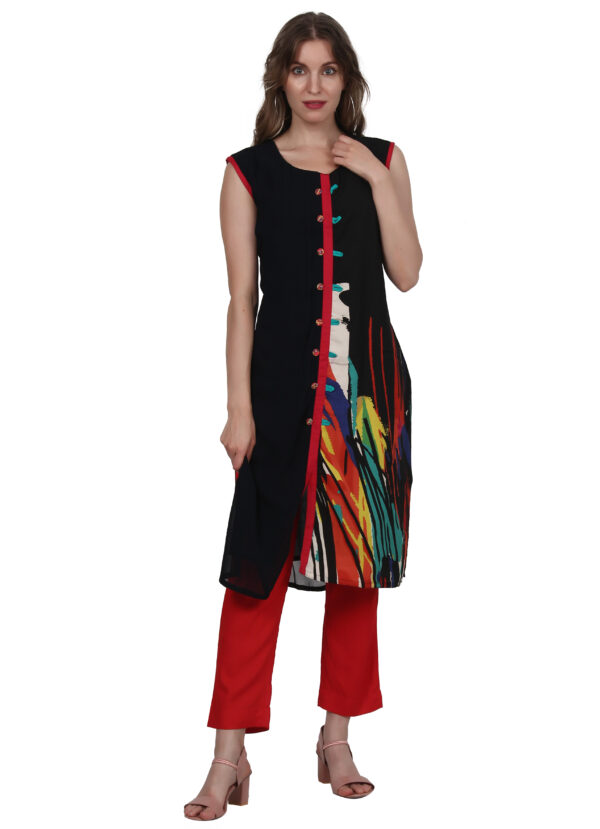 Ruzzell Black Georgette printed Sleeveless Straight Kurti - Image 4