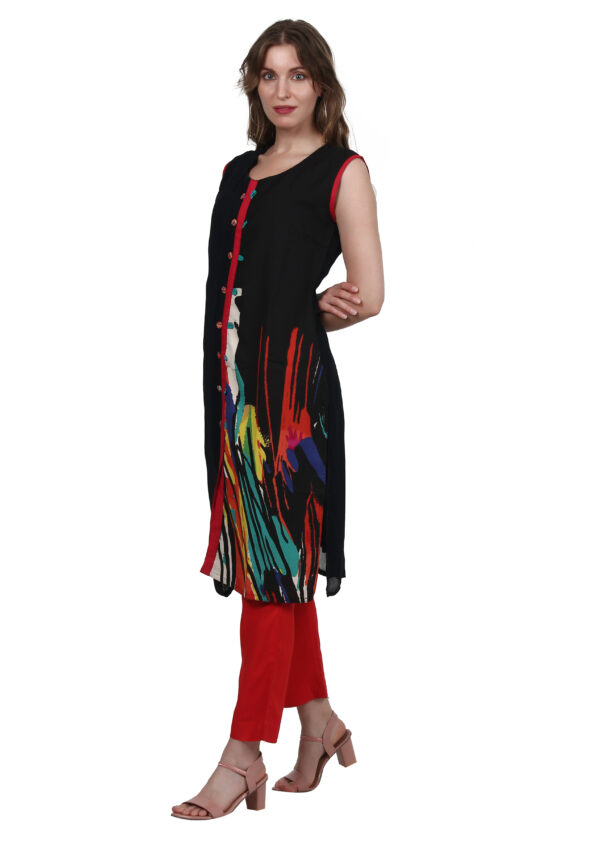 Ruzzell Black Georgette printed Sleeveless Straight Kurti