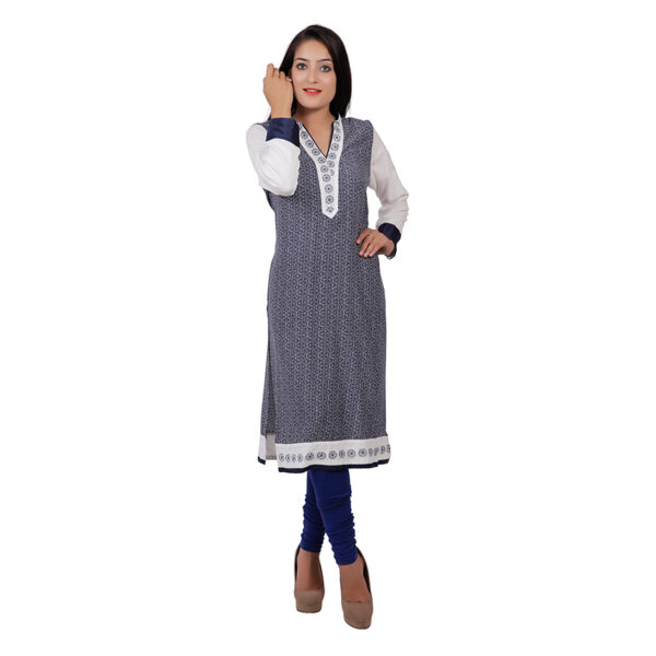 Women Embroidered Cotton Blend Straight Kurti (White, Black)