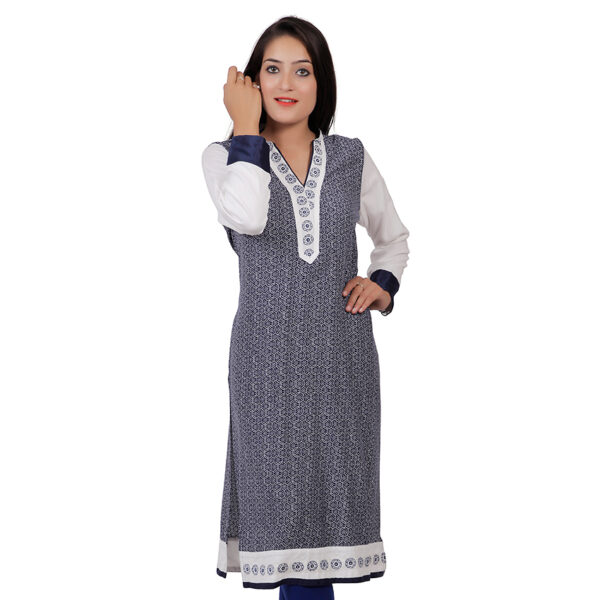 Women Embroidered Cotton Blend Straight Kurti (White, Black) - Image 6