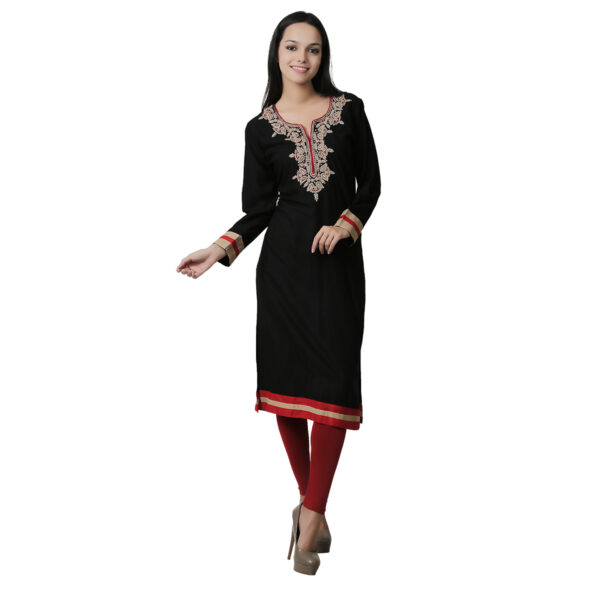 Women Self Design Cotton Rayon Straight Kurta  (Black) - Image 5