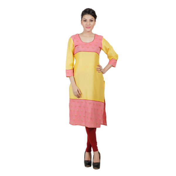 Women Printed Pure Cotton Straight Kurta  (Yellow, Pink) - Image 6