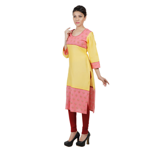 Women Printed Pure Cotton Straight Kurta  (Yellow, Pink)