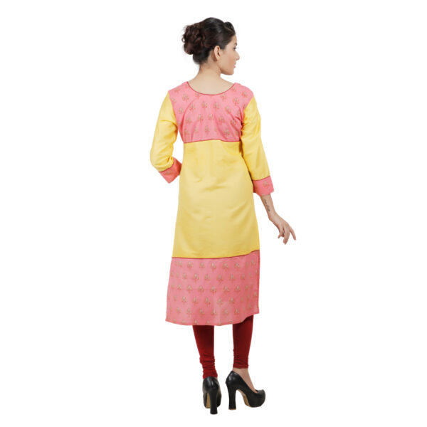 Women Printed Pure Cotton Straight Kurta  (Yellow, Pink) - Image 4