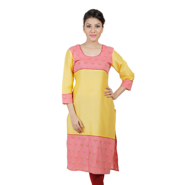 Women Printed Pure Cotton Straight Kurta  (Yellow, Pink) - Image 3